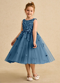 Azazie Lana Blumenmädchenkleider A-Linie ärmellos Matte Satin Kleid Bermudablau image3