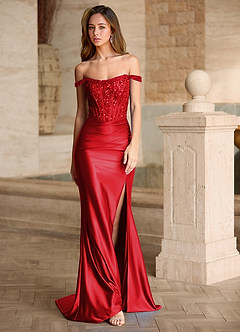 Valeria Red Velvet Sequins Corset Satin Prom Dress image1