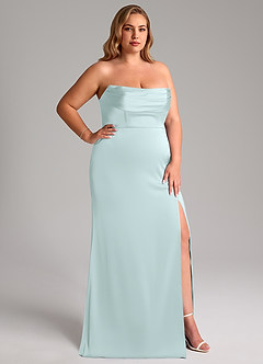 Azazie Saige Bridesmaid Dresses Sea Glass Sheath Off the Shoulder Stretch Satin Dress image17