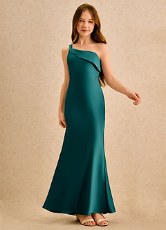 Azazie Almond Girls Formal Sukienki dla dziewczynek sypiących kwiaty Osłona Jedno ramię Satyna elastyczna Długość podłogi Sukienka image6