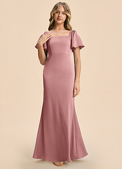 Azazie Chace Junior Vestido Rosa Polvorienta de Satén Elástico de Corte Recto image6
