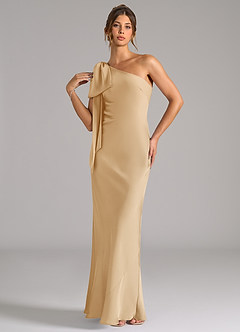 Azazie Capri Bridesmaid Dresses Gold Mermaid One Shoulder Stretch Satin Dress image3