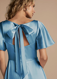 Azazie Kimber Bridesmaid Dresses Steel Blue A-Line Ruched Metallic Satin Dress image2
