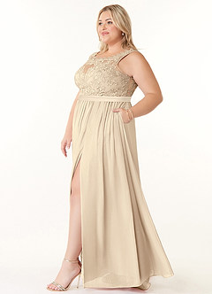 Azazie Elly Bridesmaid Dresses Champagne A-Line Lace Scoop Neck Chiffon Dress image9