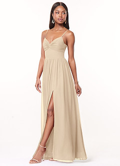 Azazie Zeya Bridesmaid Dresses Champagne A-Line V-Neck Pleated Chiffon Dress image4