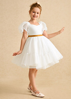 Azazie Debbie Flower Girl Dresses Ivory Butterscotch Ball-Gown Sweetheart Neckline Organza Dress image4