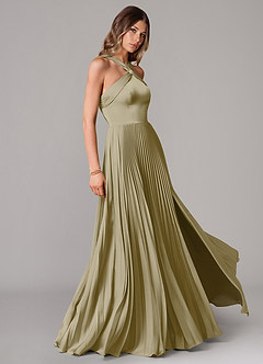 Azazie Afra Robes de demoiselle d'honneur Robe Trapèze en Satin extensible Plissée Vert Mousse image3
