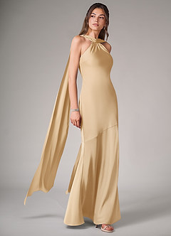 Azazie Kinsley Bridesmaid Dresses Gold Mermaid Side Slit Stretch Satin Dress image3