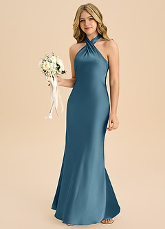 Azazie Chickie Junior Vestido de Bermudas de Satén Elástico de Corte Recto con Plisado image4