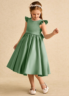 Azazie Dumpling Flower Girl Dresses Matcha A-Line Bow Matte Satin Dress image4
