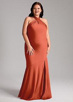 Azazie Lorena Bridesmaid Dresses Rust Mermaid Pleated Stretch Satin Dress image9