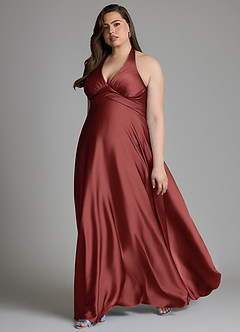 Azazie Tessie Bridesmaid Dresses Terracotta A-Line Pleated Stretch Satin Dress image9