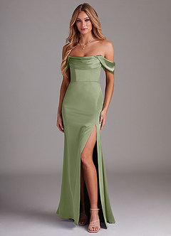 Azazie Saige Bridesmaid Dresses Pistachio Sheath Off the Shoulder Stretch Satin Dress image1