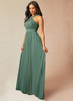 Azazie Hillian Bridesmaid Dresses Eucalyptus A-Line Halter Pleated Mesh Dress image3