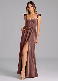 Azazie Denisse Bridesmaid Dresses Espresso A-Line Ruched Velvet Dress image1