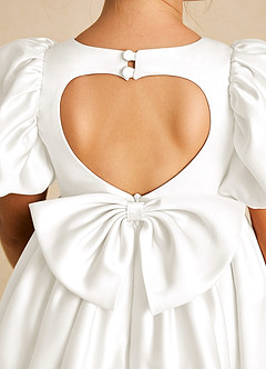 Azazie Muffin Flower Girl Dresses Ivory A-Line with Sleeves Matte Satin Dress image4