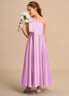 Azazie Guppy Girls Formal Robe Demoiselle D'honneur Fillette Robe Trapèze en Mat Satiné Une épaule Rose Bonbon image4