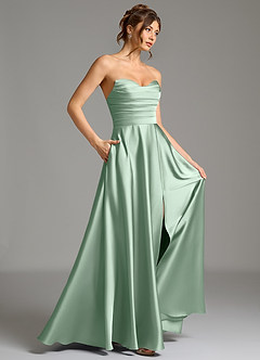 Azazie Ayla At-home Try On Dresses Agave A-Line Corset Stretch Satin Dress image6