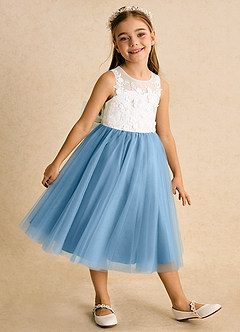 Azazie Lina Flower Girl Dresses Ivory Steel Blue Ball-Gown Lace Dress image4