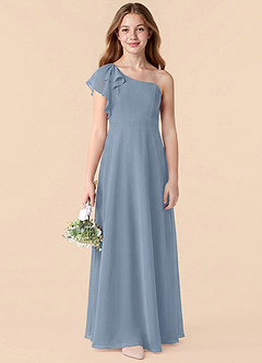 Azazie Arabella Junior Dusty Blue A-Line Ruched Chiffon Dress image6