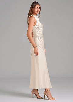 Azazie Evadne Vestidos de damas de honor Vestido de Alabastro Blanco de Satén Elástico de Corte Recto con Plisado image4