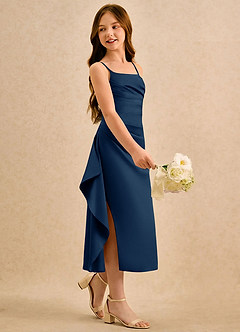 Azazie Canna Girls Formal Flower Girl Dresses Dark Navy A-Line Pleated Stretch Satin Dress image1