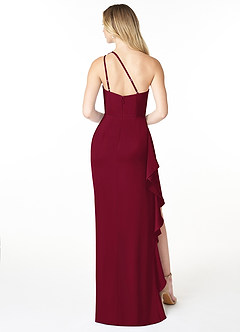 Azazie Latrice Bridesmaid Dresses Burgundy Sheath One Shoulder Cascading Ruffles Stretch Satin Dress image2