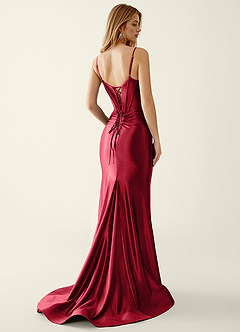 Indigo Wine Satin V-neck Sequins Mermaid Prom Dress image2