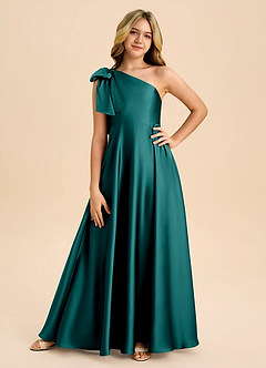 Azazie Penguin Junior Abito A-Line in Raso Elasticizzato Fiocco Verde Pavone image3