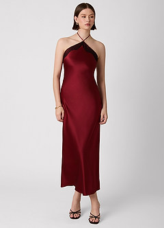 Cayley Burgundy 100% Washable Silk Halter Lace Maxi Dress image6