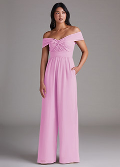 Azazie Lamara Bridesmaid Dresses Candy Pink Off the Shoulder Chiffon Convertible Jumpsuit image1