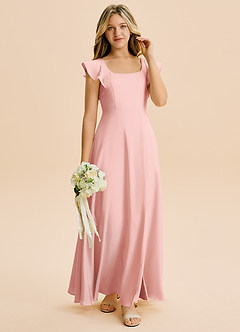 Azazie Bondi Junior Powder Pink A-Line Side Slit Stretch Satin Dress image4