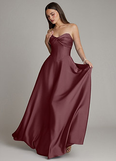Azazie Meleena Bridesmaid Dresses Sangria A-Line Strapless Stretch Satin Dress image5