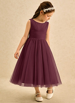 Azazie Macaron Robe Demoiselle D'honneur Fillette Robe Trapèze en Tulle Plissée Cabernet image1