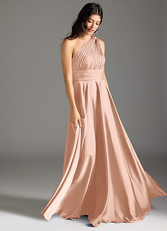 Azazie Charlize Robes de demoiselle d'honneur Robe Trapèze en Satin extensible Ue épaule Or Rose image3