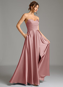 Azazie Ayla Vestidos de damas de honor Vestido de Rosa Polvorienta de Satén Elástico de Corte en A con Corsé image6