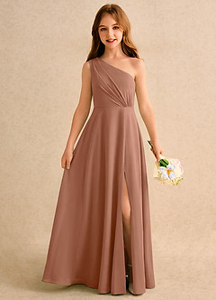 Azazie Puddles Girls Formal Robe Demoiselle D'honneur Fillette Robe Trapèze en Mousseline de soie Une épaule Bronze image1