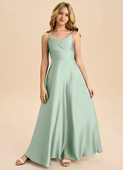 Azazie Bug Junior A-Line Plisseret Stræk satin Gulv-længde Junior brudepige Kjole image5