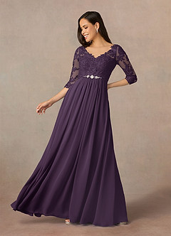 Azazie Hayek Mère de la mariée Robes Robe Trapèze en Mousseline de soie Col V en dentelle Prune image1