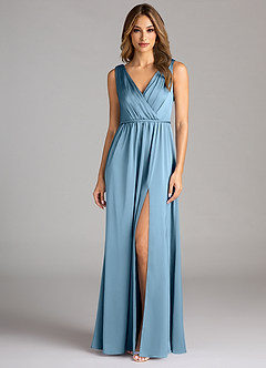 Azazie Tanicia Bridesmaid Dresses Steel Blue A-Line Pleated Stretch Satin Dress image3
