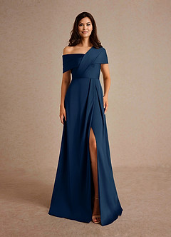 Azazie Milton Mother of the Bride Dresses Dark Navy A-Line Pleated Stretch Satin Dress image7
