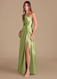 Azazie Brooke Bridesmaid Dresses Pistachio A-Line One Shoulder Metallic Satin Dress image4