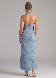 Azazie Marlissa At-home Try On Dresses Dusty Blue Sheath Pleated Floral Burnout Dress image2