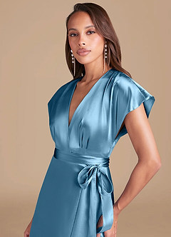 Azazie Nico Bridesmaid Dresses Steel Blue A-Line Pleated Metallic Satin Dress image2