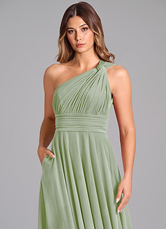 Azazie Charlize Vestidos de damas de honor Vestido de Salvia Polvorienta de terciopelo de Corte en A con Hombro unilateral image6