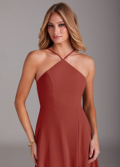 Azazie Bailey Bridesmaid Dresses Terracotta A-Line Halter Side Slit Chiffon Dress image7