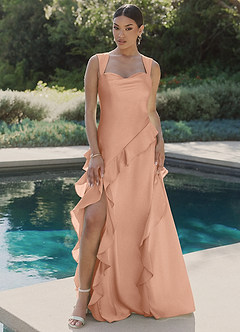 Azazie Sloane Bridesmaid Dresses Rose Gold A-Line Sweetheart Neckline Stretch Satin Dress image4