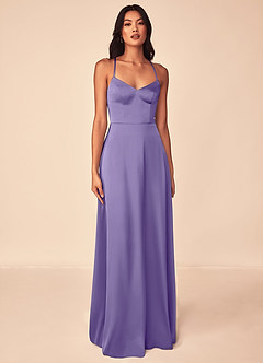 Azazie Mei Robes de demoiselle d'honneur Robe Trapèze en Satin extensible Col en V Tahiti image1