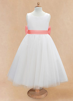 Azazie Kavi Blumenmädchenkleider A-Linie Schleifen Matte Satin Kleid Elfenbein Koralle image7