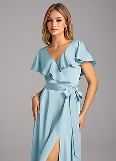 Azazie Lainey Bridesmaid Dresses Sky Blue A-Line with Pockets Stretch Satin Dress image6